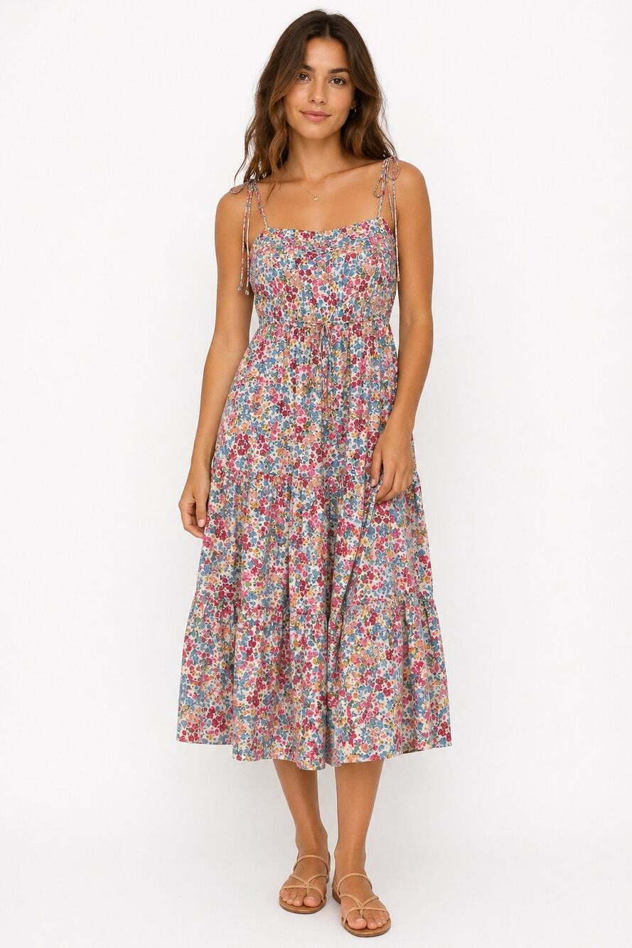 Stellah NYD Tie Shoulder Floral Cotton Tiered Maxi Dress L Boho NWT